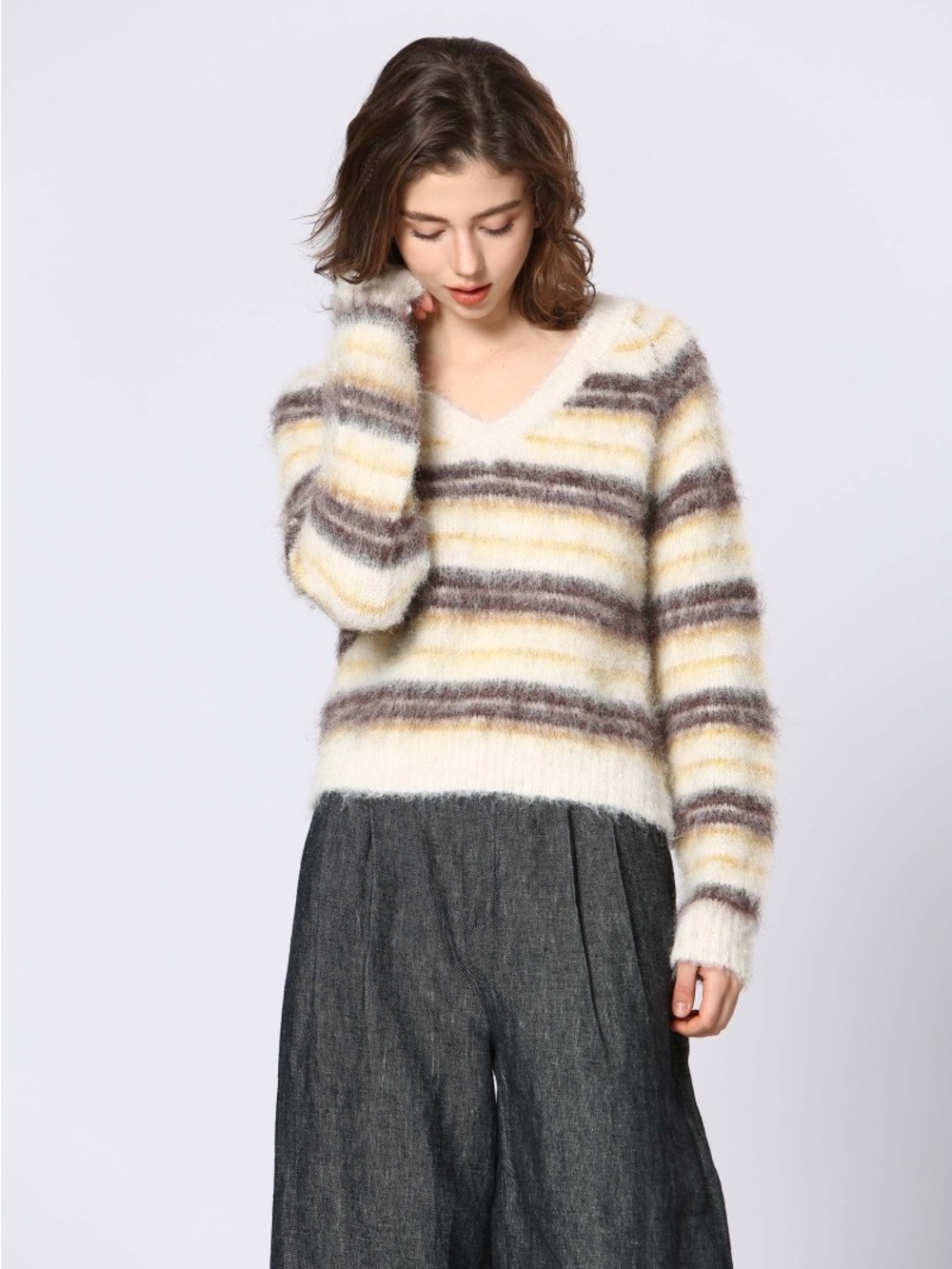 Fuzzy Striped V-Neck Fall Sweater size S/M - Ivory, cream, taupe and orange